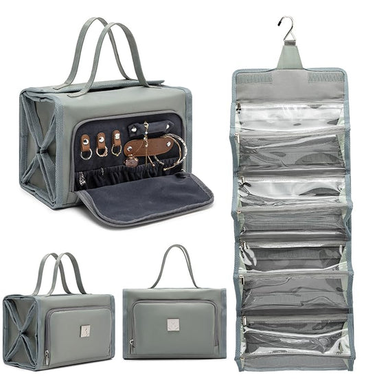 ROYALFAIR Roll Up Makeup Bag, Travel Toiletry Bag for Women with 4 Clear TSA Approved Pouches, Hanging Travel Organizer, Folding Cosmetic Bag for Men and Women (grey) - color: grey