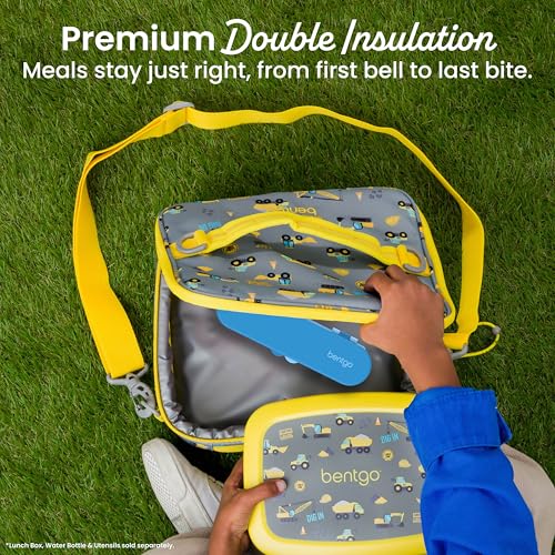 Bentgo Kids Lunch Bag - Durable, Double-Insulated Lunch Bag for Kids 3+; Holds Lunch Box, Water Bottle, & Snacks; Easy-Clean Water-Resistant Fabric & Multiple Zippered Pockets (Construction Trucks) - color: Construction Trucks