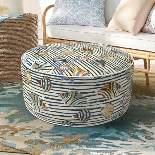 DYTXIII Inflatable Ottoman Stool D21 xH9 for Outdoor/Indoor Use, Water Repellent Patio Foot Rest with Portable Handle,Round Pouf Ottoman Suitable for Garden,Deck and Camping-Crayon Shells - color: Crayon Shells, size: 21"D x 21"W x 9"H