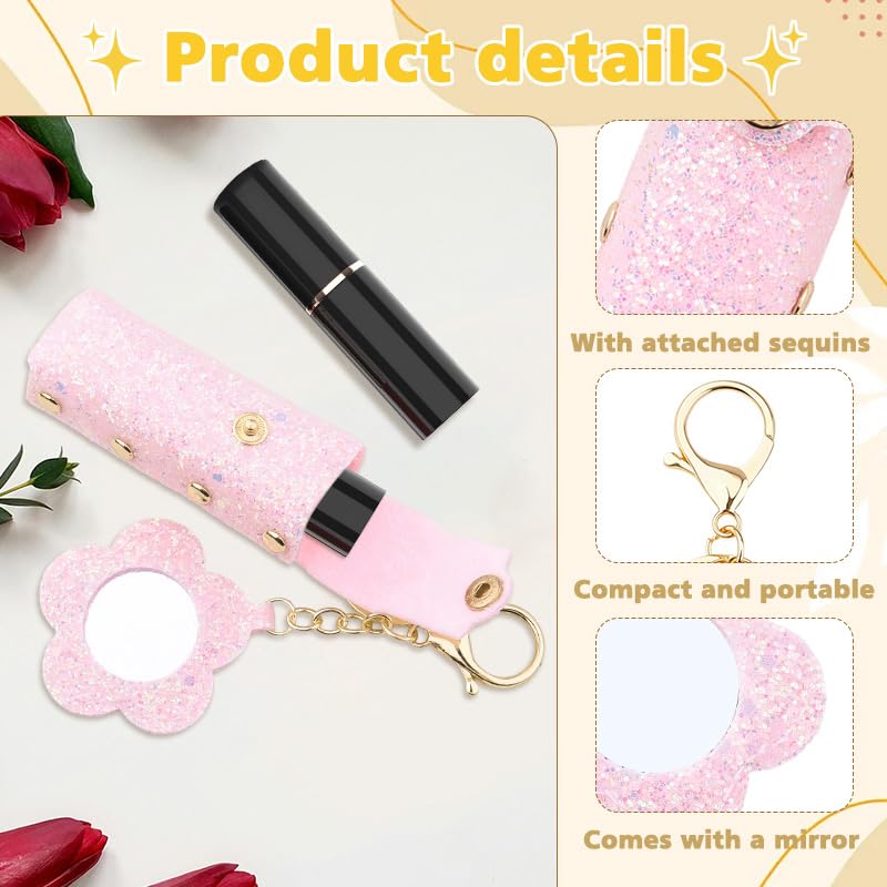 Sisadodo Glitter Lip Oil Holder Key Chains for Woman Lipstick Case with Mirror Lip Balm Keychain for Lipstick Case Keychain - color: Pink-flower