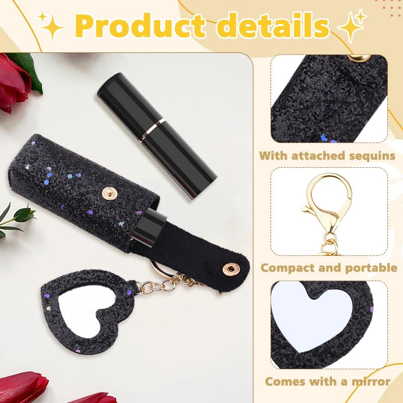 Sisadodo Glitter Lip Oil Holder Key Chains for Woman Lipstick Case with Mirror Lip Balm Keychain for Lipstick Case Keychain - color: Black-heart