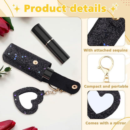 Sisadodo Glitter Lip Oil Holder Key Chains for Woman Lipstick Case with Mirror Lip Balm Keychain for Lipstick Case Keychain - color: Black-heart