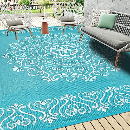 Pauwer Waterproof Outdoor Rug 8x10, Reversible Plastic Straw Patio Camping Rug, Indoor Outdoor RV Mat Carpet for Deck, Camper, Porch, Balcony, Backyard, Picnic, Floral Teal - color: Floral Teal, size: 8' x 10' (Rectangular)