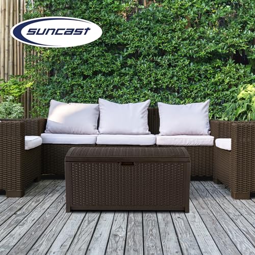 Suncast Outdoor Storage Box - 73 Gallon Mocha Brown Deck Box for Patio, weather-resistant Outdoor Storage Bench, Resin Wicker Style, Heavy-Duty, Lockable Lid for Cushions, Shoes, Pool & Garden Gear - style: Deck Box