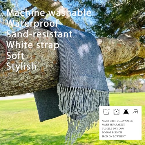 Picnic Blanket Extra Large Waterproof with Strap 59"x79" - Machine Washable Tassels Faux Wool Cashmere for Park, Grass, Camping, Hiking, Concerts (Blue with white shoulder strap, 59"X79") - color: Blue With White Shoulder Strap