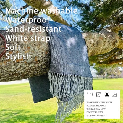 Picnic Blanket Extra Large Waterproof with Strap 59"x79" - Machine Washable Tassels Faux Wool Cashmere for Park, Grass, Camping, Hiking, Concerts (Blue with white shoulder strap, 59"X79") - color: Blue With White Shoulder Strap