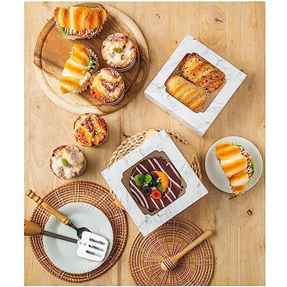 20 Pack Bakery Boxes with Window Small 6x6x2 inch for Cookie, Candy, Pastry, Brownie, Chiffon Cake, Tart, Pie, Waffle (White Marble) - color: White Marble