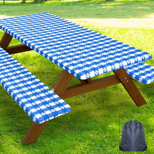Smiry Picnic Table Cover with Bench Covers, Waterproof Elastic Fitted Tablecloth for 5 Foot Tables, Washable Polyester Tablecloths for Camping, Indoor & Outdoor (Blue & White, 30x60 Inch 3-pc Set) - color: Blue & White, size: 30"x60"