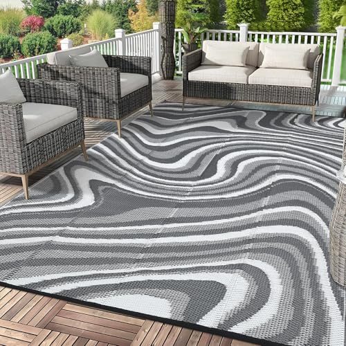 Garvee Waterproof Outdoor Rug 10x14 Large Abstract Outdoor Camping Rug with Portable Bag, Reversible Plastic Straw Rugs Foldable Lightweight UV Resistant Mats for Picnic Backyard RV Beach, Black Grey - color: Modern|grey/White, size: 10' x 14' (Rectangula