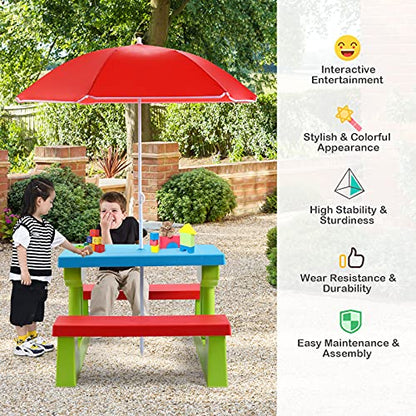 ARMILE Kids Picnic Table, Kids indoor & Outdoor Table and Bench set with Removable & Foldable Umbrella, Portable Toddler Plastic Picnic Table for Patio, Backyard, Ideal Gift for Boys Girls(Red)
