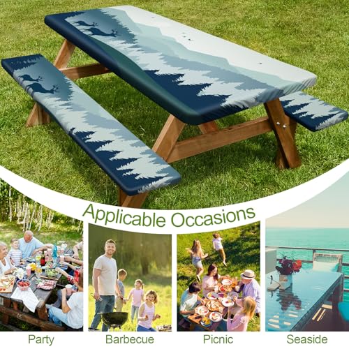 Picnic Table Cover with Bench Covers 6FT 3 Pcs Waterproof Windproof Aesthetic Camping Tablecloth with Drawstring Bag, Fitted for 6 Foot Rectangle Tables and Seats, 72 inch, Blue Deer Forest - color: Blue Deer Forest