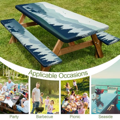 Picnic Table Cover with Bench Covers 6FT 3 Pcs Waterproof Windproof Aesthetic Camping Tablecloth with Drawstring Bag, Fitted for 6 Foot Rectangle Tables and Seats, 72 inch, Blue Deer Forest - color: Blue Deer Forest