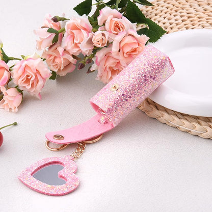 Sisadodo Glitter Lip Oil Holder Key Chains for Woman Lipstick Case with Mirror Lip Balm Keychain for Lipstick Case Keychain - color: Hot Pink-heart