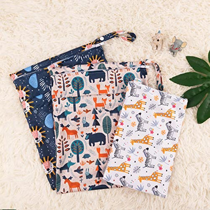 babygoal Wet Dry Bags for Baby Cloth Diapers, Washable Travel Bags, Beach, Pool, Gym Bag for Swimsuits & Wet Clothes with Two Zippered Pockets 3 Pack, 3LN25 - color: Giraff and bear