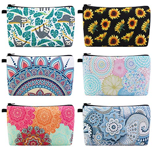 MAGEFY Makeup Bag 6 Styles Portable Travel Cosmetic Bag for Women Flower Patterns Zipper Pouch Sloth Gifts Makeup Pouch with Black Zipper (6 packs) - color: 6 packs