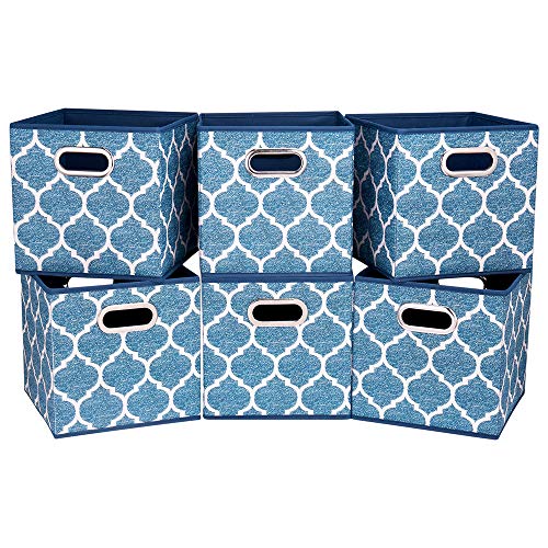 Square Fabric Cube Storage Bins 10.5x10.5 x 11In Blue Cloth Storage Cubes Baskets Foldable Storage Boxes Decorative Cubicle Strorage Inserts Cubes Drawer Organizer Closet,QY-SC09-6 - color: Cream Navy Blue(Set of 6)