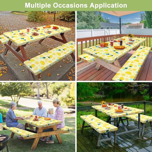 Picnic Table Cover with Bench Covers 6FT 3 Pcs Waterproof Windproof Aesthetic Camping Tablecloth with Drawstring Bag, Fitted for 6 Foot Rectangle Tables and Seats, 72 inch, Yellow Lemon - color: Yellow Lemon