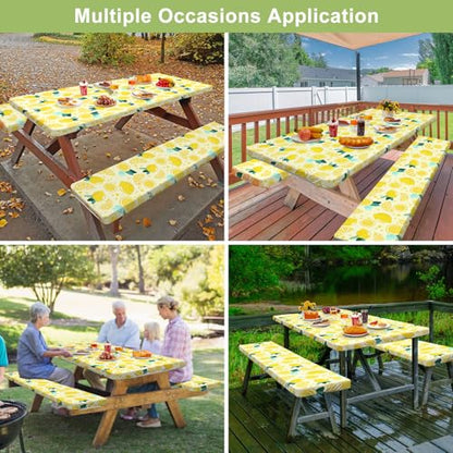 Picnic Table Cover with Bench Covers 6FT 3 Pcs Waterproof Windproof Aesthetic Camping Tablecloth with Drawstring Bag, Fitted for 6 Foot Rectangle Tables and Seats, 72 inch, Yellow Lemon - color: Yellow Lemon