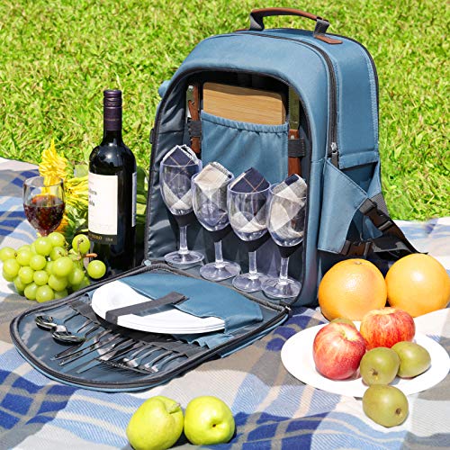 Sunflora Picnic Backpack for 4 Person Set Pack with Insulated Waterproof Pouch for Family Outdoor Camping(Light Blue) - color: Light Blue, size: 4 person