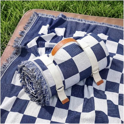2 in 1 Extra Large Boho Beach Blanket Towel Giant Woven Outdoor Rug Picnic Mat Camping Gear Cruise Essential 2026 Summer Vacation Must Have Airplane Travel Accessories Costa Bahamas Hawaii Trip Stuff - color: Checkered Blue