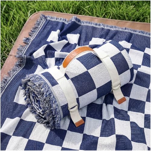 2 in 1 Extra Large Boho Beach Blanket Towel Giant Woven Outdoor Rug Picnic Mat Camping Gear Cruise Essential 2026 Summer Vacation Must Have Airplane Travel Accessories Costa Bahamas Hawaii Trip Stuff - color: Checkered Blue