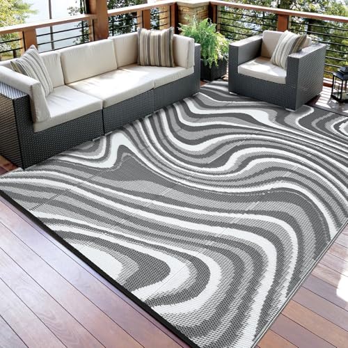 Garvee Waterproof Outdoor Rug 10x14 Large Abstract Outdoor Camping Rug with Portable Bag, Reversible Plastic Straw Rugs Foldable Lightweight UV Resistant Mats for Picnic Backyard RV Beach, Black Grey - color: Modern|grey/White, size: 10' x 14' (Rectangula