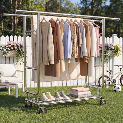 Raybee Clothes Rack, Seasonal Storage & Closet Organize, Collapsible Frame | Heavy Duty, Large Capacity, Commercial-Grade Stainless Steel, Expandable Rods, Height Adjustable, Lockable Wheels, Fast Setup - color: Chrome