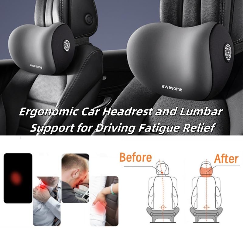 Car Headrest & Lumbar Support Cushion Kit, Ergonomic Car Seat Neck Pillow and Backseat Cushion for Driving Fatigue Relief, Driving Seat Memory Foam Neck Back Rest Pillows (Grey) - color: Grey