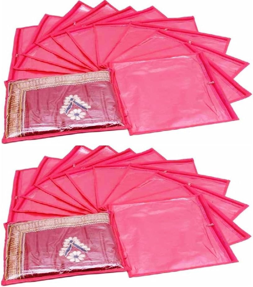 KRUM Single Saree Cover/Suit Packing 12 Piece Transparent Flower Cloth Packing Bag Organizer for Wardrobe Storage or Wedding Gifting ., Pink, 37 cm x 2 cm x 43 cm, Travel Accessories