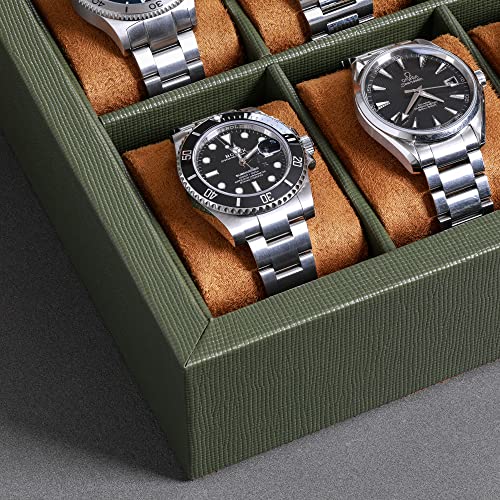 ROTHWELL 10 Slot Leather Watch Box - Luxury Case Display Jewelry Organizer - Locking Watch Display Case Holder with Large Glass Top - Box Organizer for Men and Women (Green/Tan) - color: Green / Tan