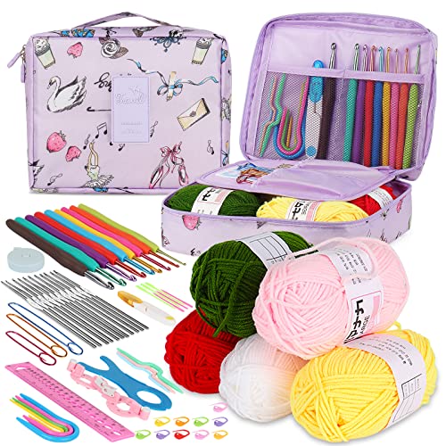 Aeelike Beginner Crochet Kit, 59pcs Crochet Starter Kit for Adults and Kids, Basic Crochet & Knitting Supplies Kit for Beginners,Travel Crochet Kit Small with Purple Storage Bag - color: light purple