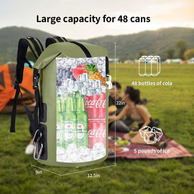 48cans Large Cooler Backpack Insulated Waterproof for Men Women Insulated Backpack Cooler Leak Proof Waterproof for 12 Hours Cooling for Camping Picnic Hiking Beach Travel Kayaking - color: Armygreen