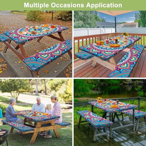 Picnic Table Cover with Bench Covers 6FT 3 Pcs Waterproof Windproof Aesthetic Camping Tablecloth with Drawstring Bag, Fitted for 6 Foot Rectangle Tables and Seats, 72 inch, Yellow Blue Orange - color: Yellow Blue Orange