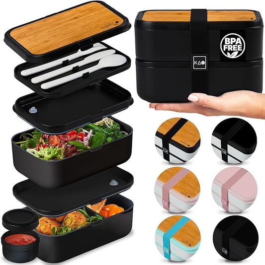 KARRICO 68oz Bento Box Adult - Stackable Lunch Containers For Adults, Leak-Proof Mens Tupperware & Lunch Box Containers - Black Double Food Container, Meal Prep Office Lunchbox With Dividers