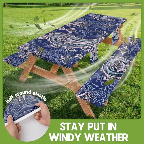 Picnic Table Cover with Bench Covers Waterproof Elastic Rectangle Reusable Folding Tablecloth Manteles Mantelería Camping Essentials Rv Car Travel Supplies Table Cloth Outdoor Road Trip Camper Gifts - color: Blue Paisley, size: 72in