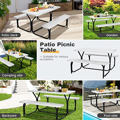 COSTWAY Outdoor Picnic Table, HDPE Plastic Picnic Table Bench Set with Weather Resistant Tabletop & Wood Texture, Ideal for Patio, Backyard (59" D x 54" W x 28.5" H,White) - color: White