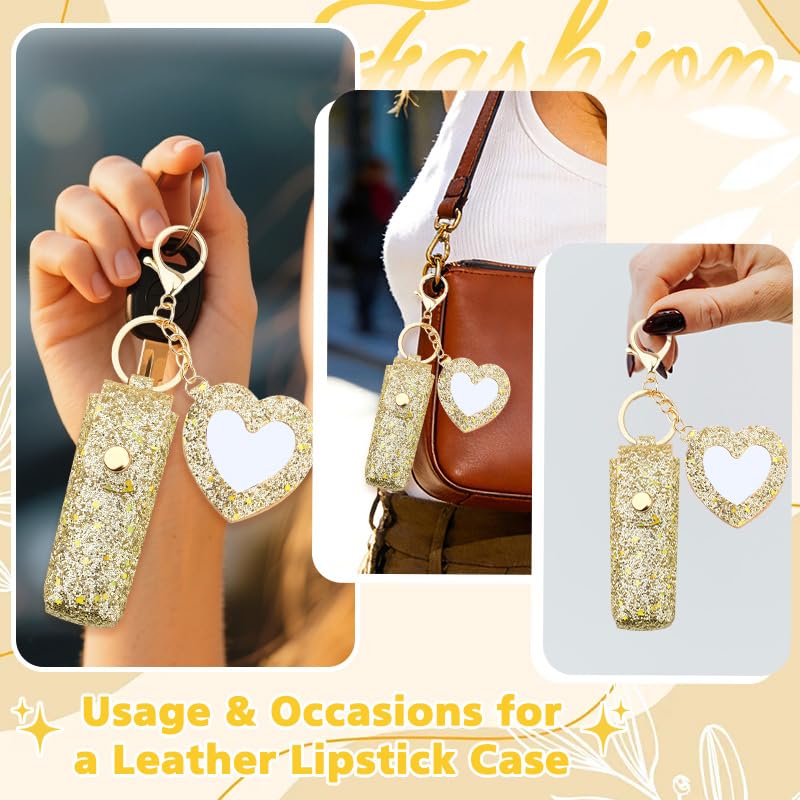 Sisadodo Glitter Lip Oil Holder Key Chains for Woman Lipstick Case with Mirror Lip Balm Keychain for Lipstick Case Keychain - color: Gold-heart