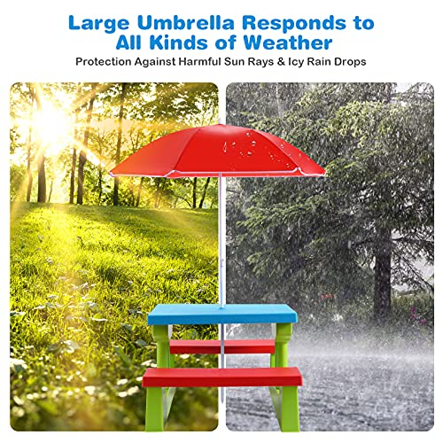 ARMILE Kids Picnic Table, Kids indoor & Outdoor Table and Bench set with Removable & Foldable Umbrella, Portable Toddler Plastic Picnic Table for Patio, Backyard, Ideal Gift for Boys Girls(Red)