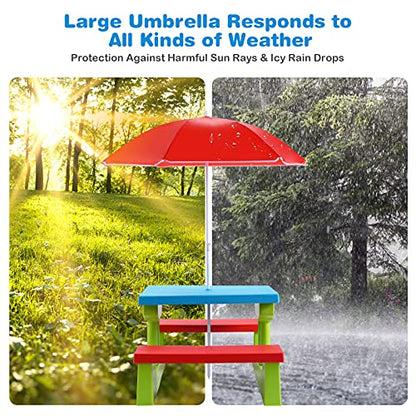 ARMILE Kids Picnic Table, Kids indoor & Outdoor Table and Bench set with Removable & Foldable Umbrella, Portable Toddler Plastic Picnic Table for Patio, Backyard, Ideal Gift for Boys Girls(Red)