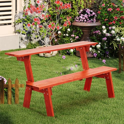 AVAWING Outdoor Convertible Bench, 2-in-1 Transforming Picnic Table Bench, Wooden Garden Bench for Backyard, Porch, Patio, Tangerine