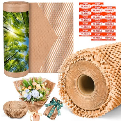 Honeycomb Packing Paper 12" x 200 ft, Premium-Grade Packing Paper for Shipping, Moving & Packaging, Recyclable Eco-Friendly Packing Supplies, Bubble Wrap Alternative with 20 Fragile stickers - size: 12'' x 200 ft
