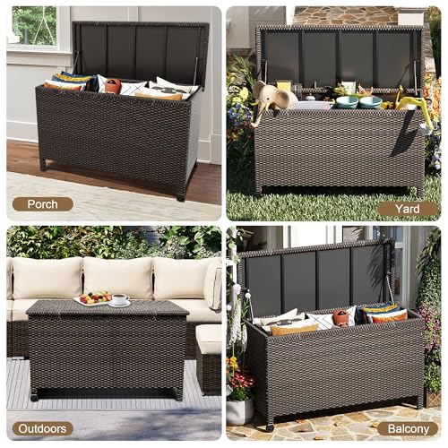 Wicker Deck Box, 125 Gallon All-Weather Outdoor Storage Box, Rattan Storage Bin for Patio Furniture, Outdoor Cushions, Pool Storage and Garden Tools, Brown
