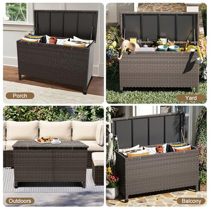 Wicker Deck Box, 125 Gallon All-Weather Outdoor Storage Box, Rattan Storage Bin for Patio Furniture, Outdoor Cushions, Pool Storage and Garden Tools, Brown
