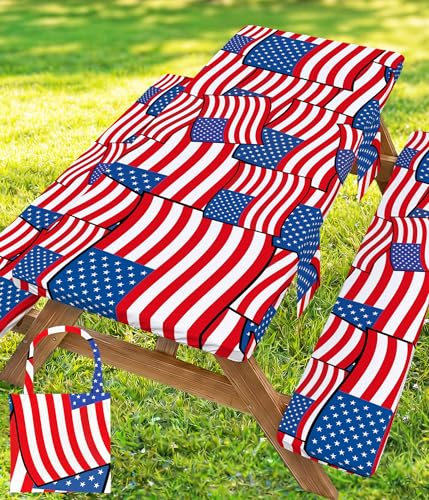 Picnic Table Cover with Bench Covers Waterproof Rectangle Tablecloth Camping Essentials Supplies Rv Travel Must Haves Gear Accessories Fitted Table Cloth Outdoor Road Trip Camper Gifts American Flag - color: Blue red flags, size: 72in