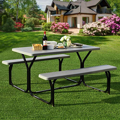 Giantex Picnic Table Bench Set Outdoor Camping All Weather Metal Base Wood-Like Texture Backyard Poolside Dining Party Garden Patio Lawn Deck Furniture Large Camping Picnic Tables for Adult (Gray) - color: Grey