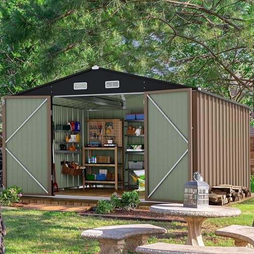 Devoko 10 x 8 FT Outdoor Storage Shed, Metal Garden Sheds & Outdoor Storage Clearance, Large Tool Shed Outdoor with Single Lockable Door for Patio Lawn Backyard (Brown) - color: Brown, size: 10x8 FT without Floor Frame