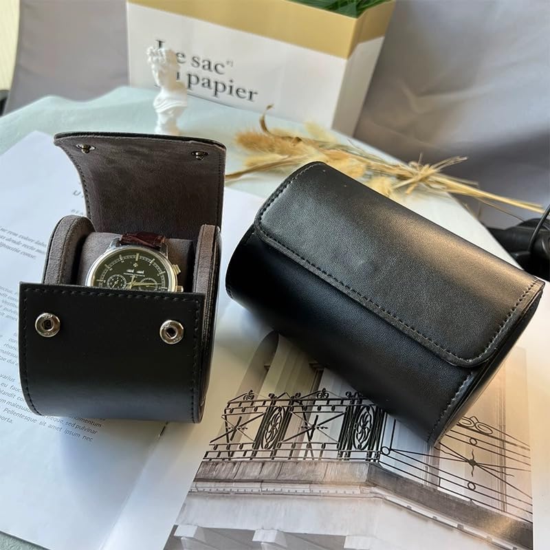 Watch Roll Travel Case - Handmade Leather Watch Rolls Box for Man - Travel Watch Roll with Velvet to Protection - Watch Roll Organizer to Home Secure Storage - color: 2-BLACK grey