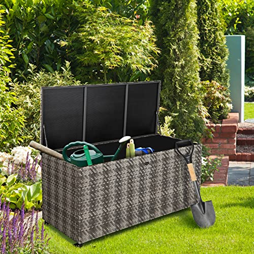 Tangkula 96 Gallon Deck Box, PE Wicker Outdoor Storage Box with 4 Wheels and Waterproof Liner, Outdoor Rectangular Storage Container for Cushions, Garden Tools (Mix Gray) - color: Mix Gray