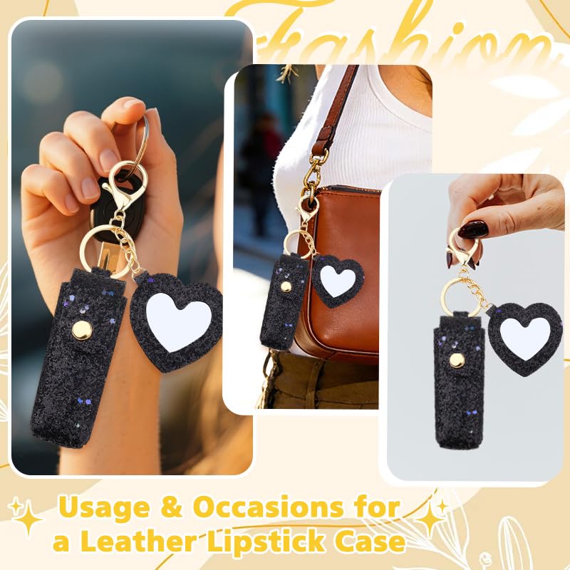Sisadodo Glitter Lip Oil Holder Key Chains for Woman Lipstick Case with Mirror Lip Balm Keychain for Lipstick Case Keychain - color: Black-heart