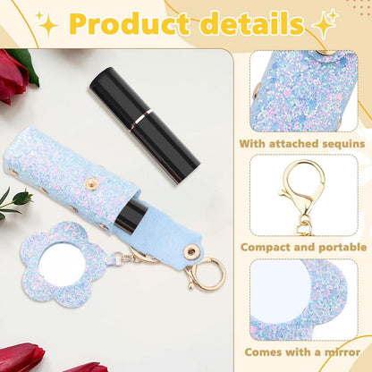 Sisadodo Glitter Lip Oil Holder Key Chains for Woman Lipstick Case with Mirror Lip Balm Keychain for Lipstick Case Keychain - color: Blue-flower